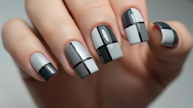 Stylish metallic geometric nail art transformation with glossy black accents