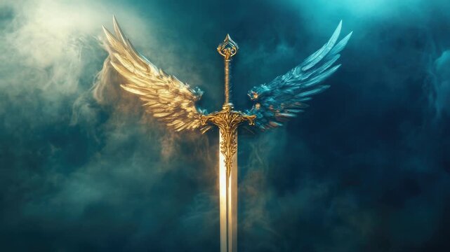 Video A fantasy sword with gold metal and wing-shaped hilt, perfect for medieval or mythology-inspired s