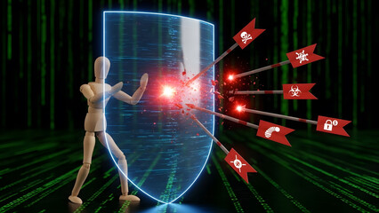 サイバー攻撃の矢を防御するデッサン人形のセキュリティ対策