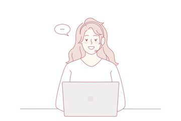 Woman in headphones working on computer in office online. Smiling female call center agent in headset talking with customer using laptop. Helpline. Vector illustration.