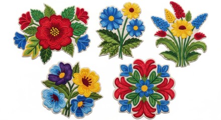 Colorful Floral Embroidered Patches Set with Bright Red Blue Yellow Green Flowers
