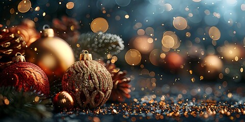 Panoramic festive Christmas ornaments with pine cones and bokeh lights on a dark background, celebrating the holiday season
