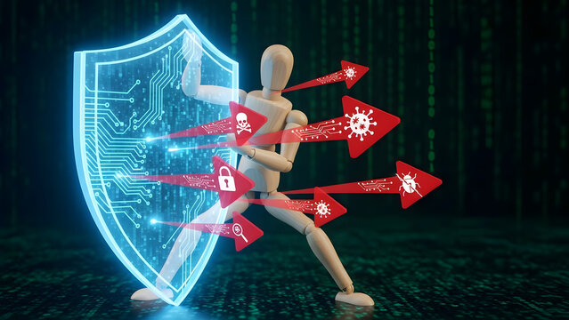 サイバー攻撃の矢を防御するデッサン人形のセキュリティ対策