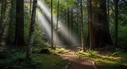 Sunbeams illuminate a winding path through a lush, green forest with tall trees and mossy ground.