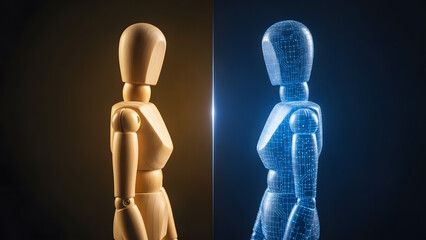 ホログラムの自分と向き合うデッサン人形のデジタルツイン