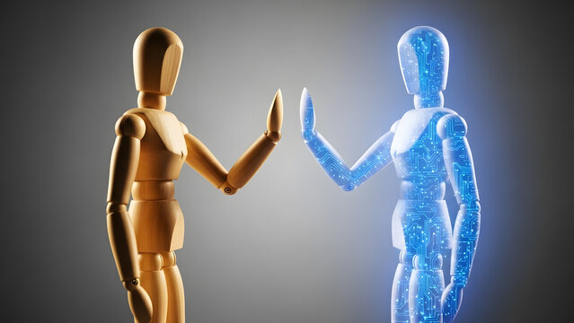 ホログラムの自分と向き合うデッサン人形のデジタルツイン