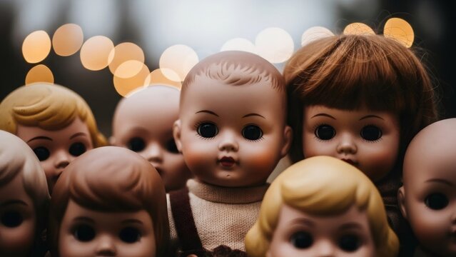 Group of antique baby dolls with expressive eyes and rosy cheeks. Nostalgic childhood toy for vintage-themed projects and imaginative storytelling.