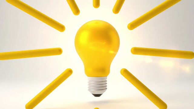 Bright yellow glowing light bulb with radiating yellow capsule shapes symbolizing a brilliant idea or innovation isolated on white background