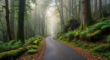 Misty Forest Road with Mossy Green Trees and Lush Ferns