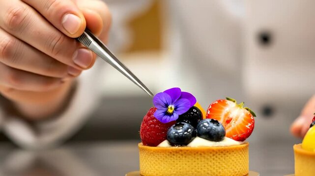 Chef using tweezers to place flower on berry tart. Decorating sequence of fruit dessert with berries and edible bloom. Pastry garnishing process in professional kitchen. video footage video footage