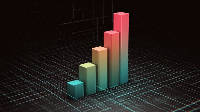 Colorful 3D Bar Graph Rising Over Dark Background, Representing Growth and Success in Business and Financial Analysis, Data Visualization Concept