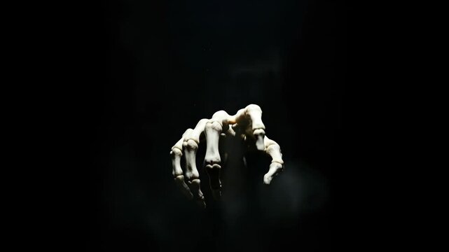 Skeleton hand reaching from darkness. Spooky skeletal claw emerging in black void. Horror animation sequence showing ghostly bone fingers in mist. video footage video footage