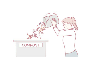 Woman throwing waste in compost container. Caring young female recycle organic trash sort garbage. Ecology conservation. Vector illustration.