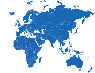Detailed Blue Vector Map Centered on Eurasia and Africa, Highlighting Political Boundaries and Individual Countries, Ideal for International Business, Education, and Global Design Projects