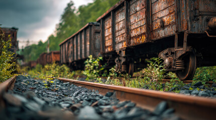 Obraz premium Rustic train cars abandoned in nature railway tracks photography urban decay low angle environmental beauty