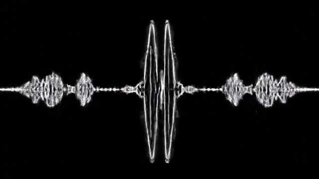 A white sound wave form pulses against a black background, with peaks and valleys along the line