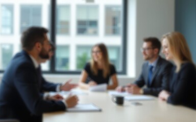 Blur office meeting blurred background with business people working group in boardroom discussion for teamwork brainstorming, executive seminar or professional training in small startup enterprise