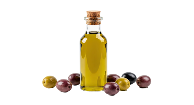 Glass Bottle of Premium Olive Oil with Assorted Fresh Olives Isolated on White Background