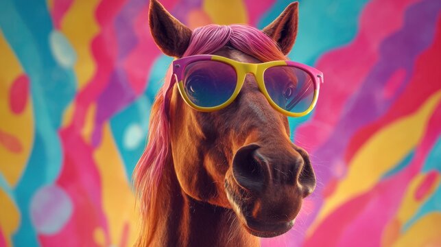 A horse with a pink mane flaunts stylish sunglasses standing proudly amidst a colorful abstract backdrop that radiates energy and joy promoting a playful atmosphere.