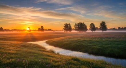 Fototapeta premium Misty Sunrise Over Winding River and Green Fields
