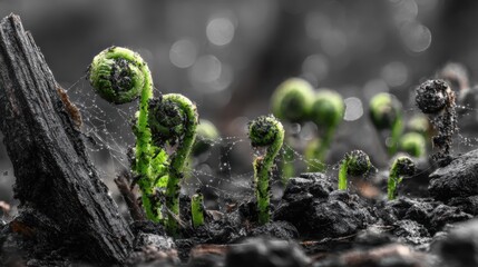 Close-up of Fresh Green Fern Fronds Emerging from Soil with Dew Drops and Spider Webs