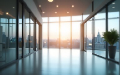 blurred for background. office building interior, empty hall in the modern office building. empty open space office. panoramic windows and beautiful lighting. High quality