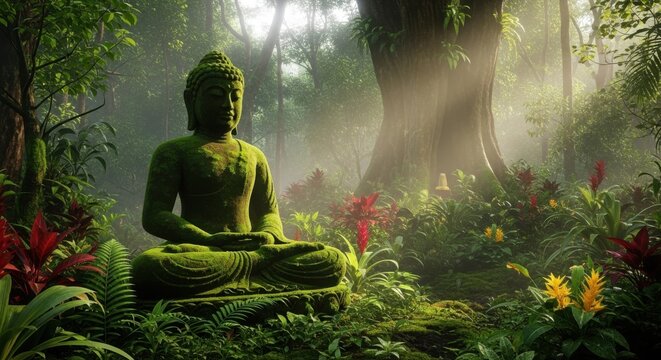 Moss Covered Buddha Statue in a Serene Tropical Jungle - Powered by Adobe