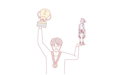 Happy boy holding robot and prize excited about contest victory. Smiling child win robotic competition. Engineering student with award. Flat vector illustration.