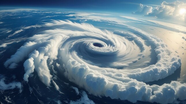 Epic Cyclone Over Earth: An awe-inspiring aerial perspective of a colossal cyclone swirling majestically over the vast expanse of Earth.