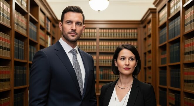 Confident business professionals standing in a traditional library