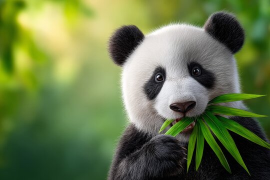 Close up of a panda bear eating bamboo leaves with a blurred green background behind it - Powered by Adobe