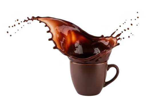 Chocolate splash in mug png image, hot drink, cocoa, coffee, beverage, liquid, food photography, isolated on transparent background