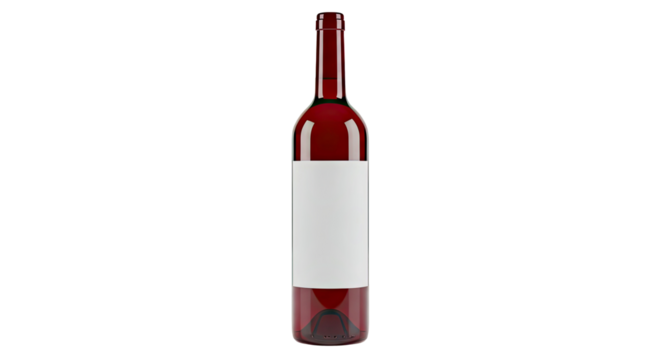 Clear Glass Red Wine Bottle Empty White Label Against White Background Commercial Use