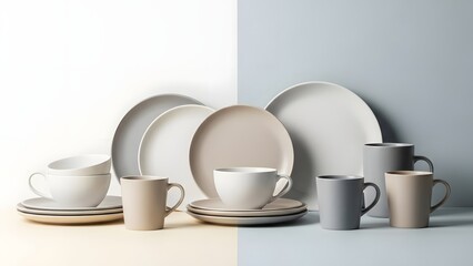 Elegant ceramic tableware mockup set against a split background