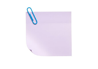 Blank pink sticky note with blue paper clip, memo pad, reminder, office supply, stationery, message, isolated on transparent background