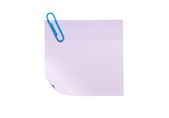 Blank pink sticky note with blue paper clip, memo pad, reminder, office supply, stationery, message, isolated on transparent background
