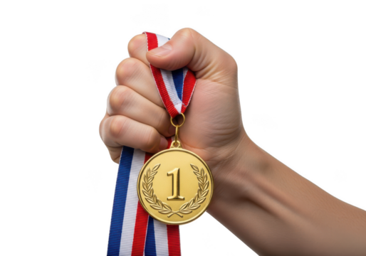 Gold first place medal held in hand, victory achievement, success award, competition prize isolated on transparent background