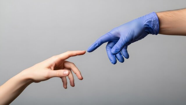 Woman hand and medical professional hand in blue glove almost touching. Concept of care and connection in healthcare and safe interaction.