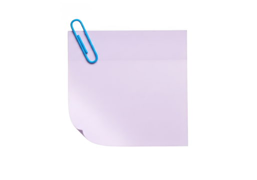 Blank pink sticky note with blue paper clip, memo pad, reminder, office supply, stationery, message, isolated on transparent background