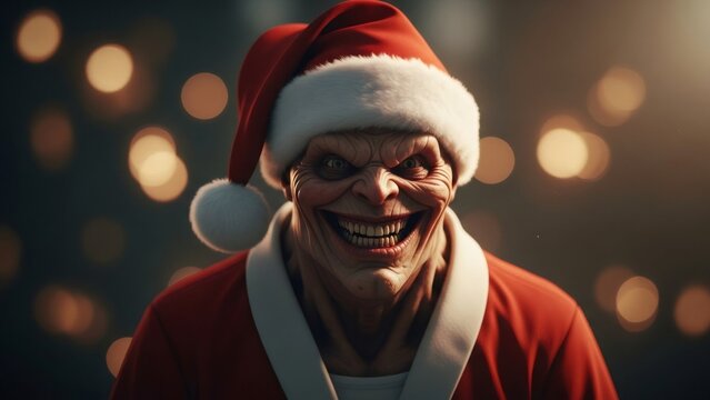 Scary man with a creepy smile in a santa hat and costume, illuminated by bokeh lights for a horror Christmas concept.
