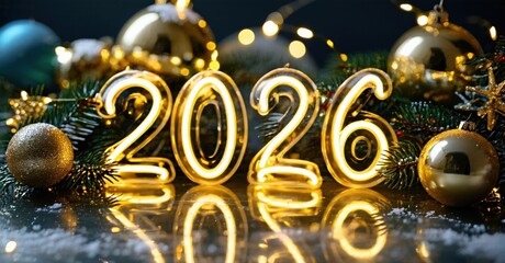 Golden numbers 2026 shine amidst festive ornaments, evergreen branches, soft lights. Reflective surface adds depth, creating holiday mood.