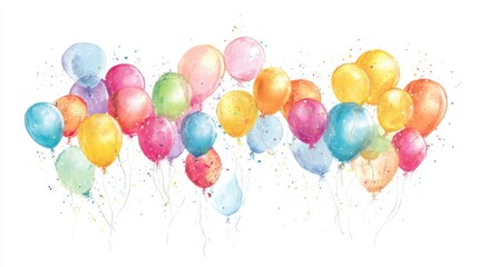 A collection of vibrant balloons in different colors fills the scene perfect for parties and joyous occasions. They are surrounded by subtle hints of confetti for extra cheer.