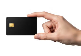 Hand holding black credit card mockup template, debit card, payment method, finance, banking, business, shopping isolated on transparent background