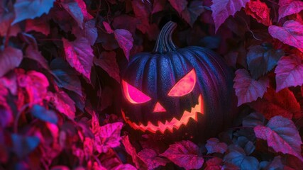 Video A jack-o'-lantern glows brightly in the dark, surrounded by autumnal leaves - Powered by Adobe