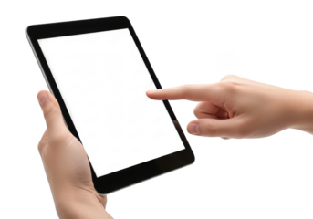 Hand touching tablet screen mockup, digital device, technology, mobile, communication, blank display, portable isolated on transparent background