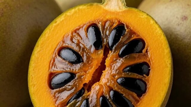 Macro closeup of nance fruit revealing seeds in vibrant detail