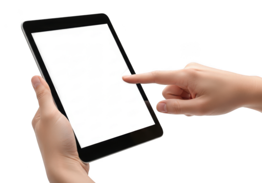 Hand touching tablet screen mockup, digital device, technology, mobile, communication, blank display, portable isolated on transparent background