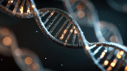 Close-up of a Glowing DNA Double Helix with Light Effects in a Dark Background