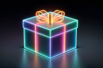 Neon gift box with a glowing bow. Illustration for cyber Monday. Online shopping concept. llustration for a hardware store.