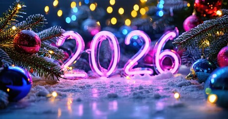 Festive scene depicts glowing 2026 numerals amid winter foliage, ornaments, lights. Snowy surface reflects vibrant colors. Holiday spirit.